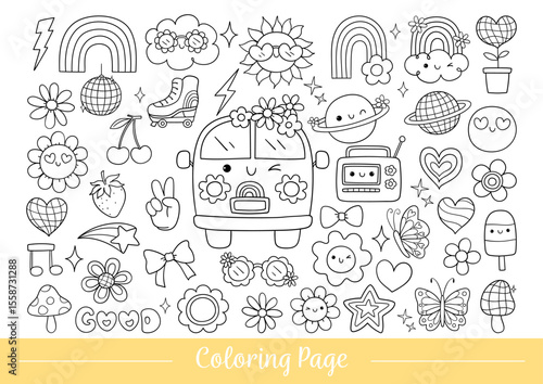 Draw vector illustration doodle good vibes Groovy 70s For Classroom activity Printable coloring page