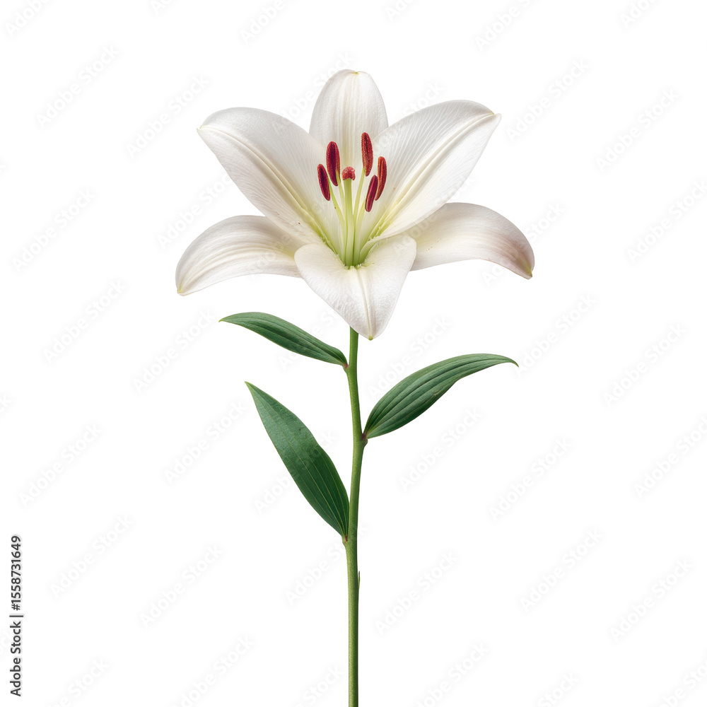 Naklejka premium Elegant White Lily Flower With Green Leaves Isolated On Black Background For Nature And Beauty Conceptual Designs Transparent background or png