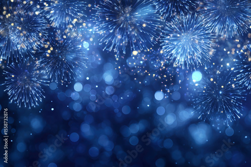 Celebrating New Year's Eve with vibrant blue fireworks and bokeh effects illuminating the night sky