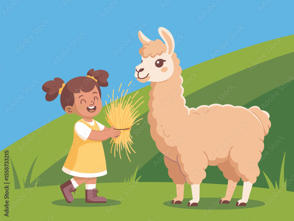 Obraz premium Happy Little Girl Feeding Hay to a Friendly Llama on a Hillside