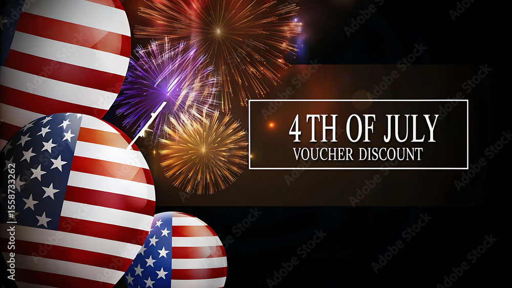 Fototapeta premium Independence Day USA Banner Template American Balloons Fireworks And Flag