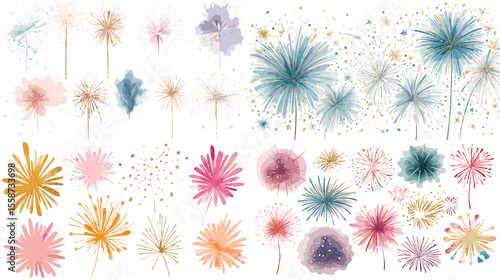 Stunning watercolor illustrations of colorful fireworks in various styles and shapes, ideal for New Year, festive invitations, and celebratory backgrounds.

