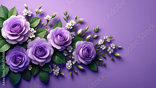 Fototapeta Naklejka Na Ścianę i Meble -  Beautiful arrangement of purple roses and delicate white flowers on a soft lavender background