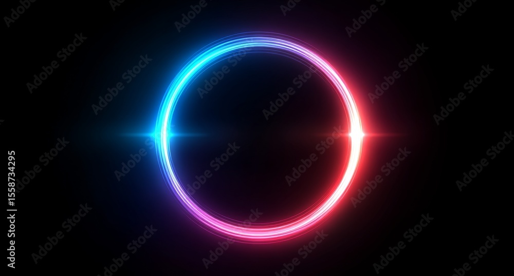 Obraz premium Against a somber, dark background, a dazzling, glowing ring is prominent, beaming forth a spectrum of colors and giving off radiant rays, its reflections below contributing to a futuristic and