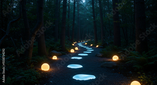 Illuminated Pathway Through Forest with Glowing Spheres.