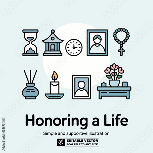 Funeral preparation elements vector illustration death memorial service remembrance grief loss concept