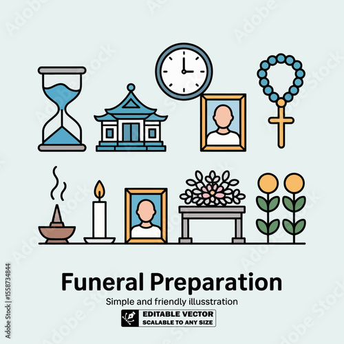 Funeral memorial service vector design with candle flowers and religious symbols illustration art design