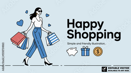 Happy shopping illustration woman with shopping bags fashion style sale discount retail therapy vector art