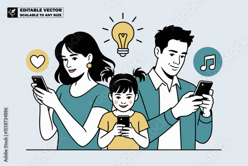 Family using smartphones with wifi connection and social media apps for communication and entertainment