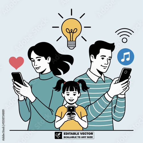 Family using smartphones with wifi connection and social media apps for communication and entertainment