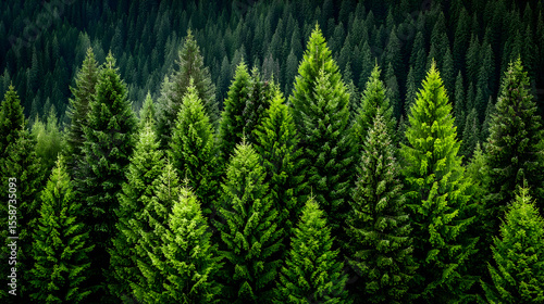 Lush Evergreen Forest, Coniferous Trees, Nature Background