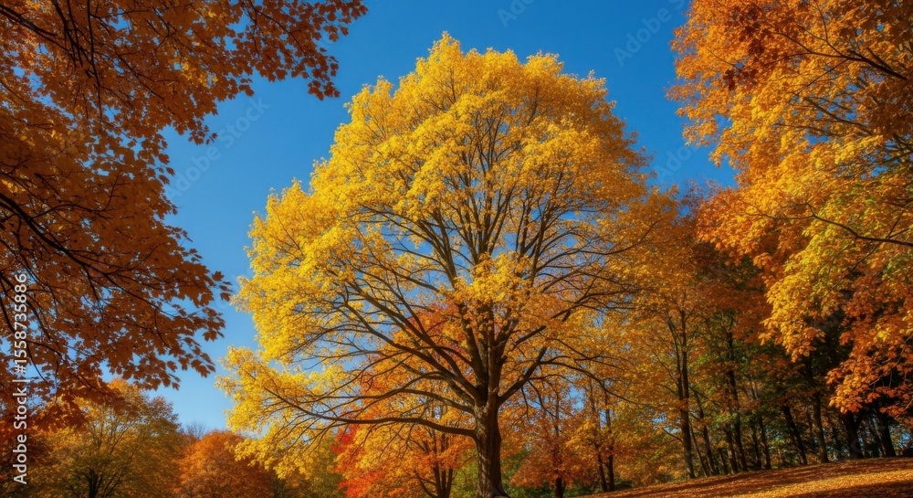 Fototapeta premium Vibrant Autumn Tree Bathed in Golden Sunlight Against a Clear Blue Sky