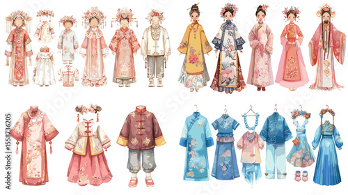 Beautiful watercolor set of traditional Chinese Hanfu clothing and accessories for men, women, and children, ideal for cultural, historical, and fashion visuals.

