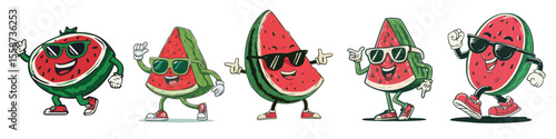 vintage retro style watermelon cartoon mascot character with expressive faces and gestures