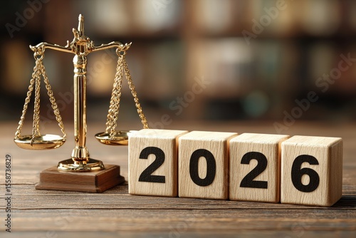 A golden justice scale sits beside wooden blocks displaying the year 2026 on a wooden surface with a blurred background.
