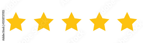 Golden five star rating vector icons set for review feedback, quality evaluation score, achievement badge, success symbol, graphic design element, digital shield, quality mark