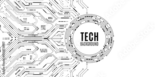 Minimalistic hi-tech background featuring circuit lines and electronics elements on white backdrop. Digital circuit panel with electronic system for UI and GUI interface design. Vector illustration.