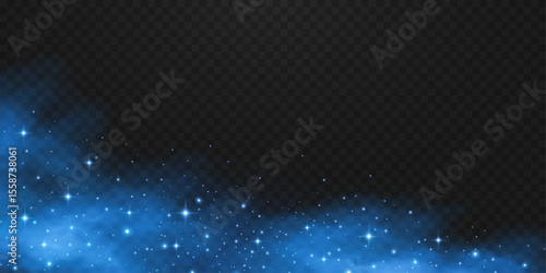 Magical blue mist with sparkling dust and brilliance stars on transparent background. Galaxy stardust light effect with soft fog. Festive glitter lights for holiday or fantasy design. Vector.