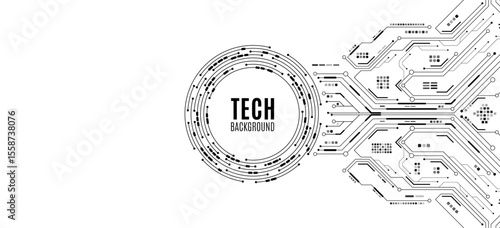 Minimalistic technology background featuring black circuit lines and electronics elements on white backdrop. Digital circuit board with electronic system for hi-tech banner design. Vector illustration