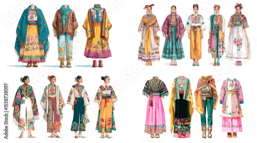 Colorful traditional Mexican outfits illustrated in watercolor, featuring embroidery, patterns, and folkloric designs for cultural and fashion content.

