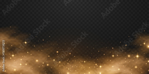 Sparkling golden dust with glowing magical particles and fog on transparent background. Universe stardust light effect. Festive glitter lights for holiday or fantasy design. Vector illustration.