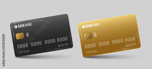 Realistic bank cards with electronic circuit details on a light background. Credit or debit plastic card with chip and contactless icon for online payments and secure transactions. Vector illustration