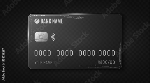 Glass bank card with electronic circuit details on a black transparent background. Credit card with chip and contactless icon for online payments and secure transactions. Vector illustration.