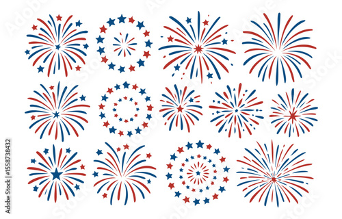 Illustration showcasing an assortment of festive red white and blue fireworks and starbursts designs