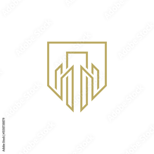 Geometric Mono Line Buildings Shield logo design vector template on white background