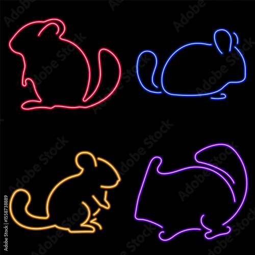 chinchila group of neon icons, vector illustration, on a black background.