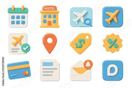 Colorful travel and booking icons featuring airplanes and hotel symbols