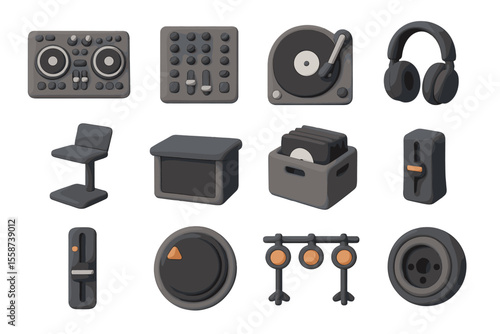 Minimalist dj equipment icons set with turntables and headphones