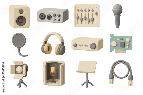 Audio equipment icons: microphone, headphones, mixer, speaker, cable, sound card
