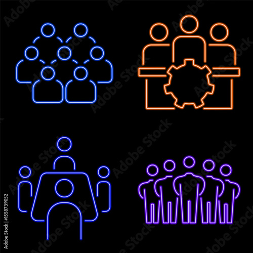 board of directors group of neon icons, vector illustration, on a black background.