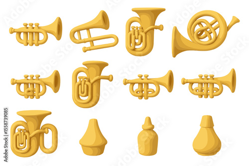 Collection of stylized yellow brass instruments on gradient background