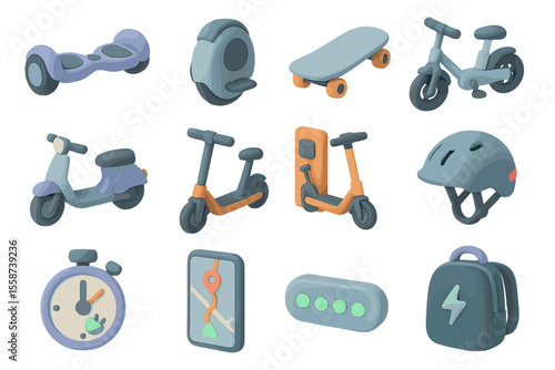 Electric personal transport icons over gray background