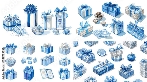 Charming watercolor illustrations of blue gift boxes, ribbons, and wrapping elements, perfect for holiday greetings, celebration designs, and festive packaging visuals.

