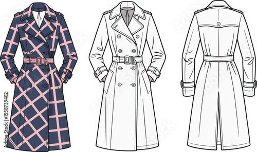 Fashionable check trench coat flat sketch with belt, front and back views, double-breasted design, stylish outerwear illustration for designers flat vector illustration