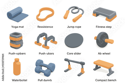 Colorful exercise equipment set: yoga mat, jump rope, resistance bands, fitness tools