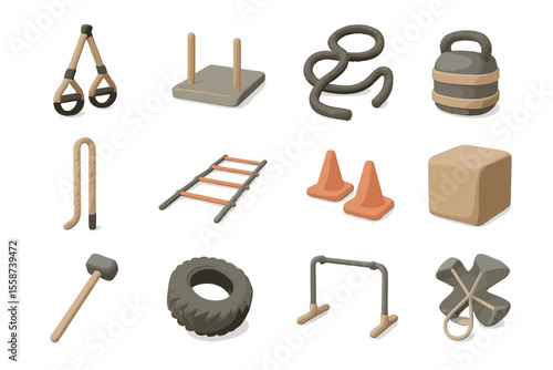 Set of fitness equipment: kettlebell, jump rope, cones, tire, battle ropes
