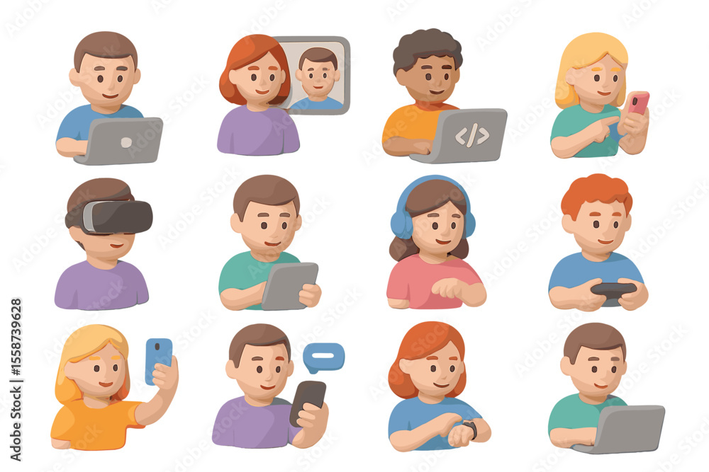 Cartoon characters engaged with gadgets in technology activities Cartoon characters engaged with gadgets in technology activities
