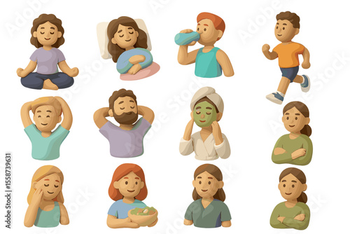 Diverse wellness activities: yoga, sleep, skincare, hydration, relaxation