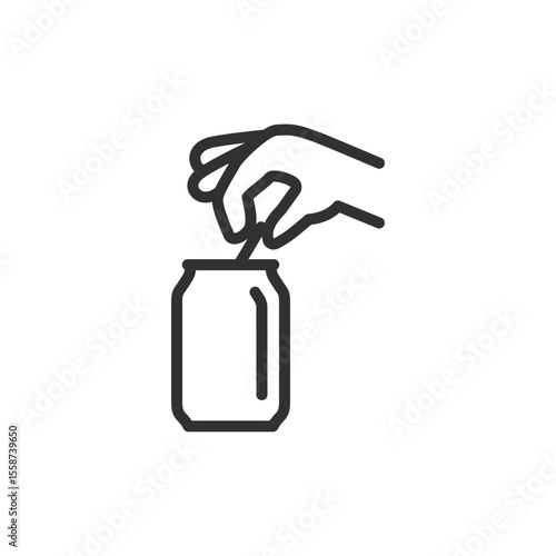 Hand opening soda can, linear icon. Start of refreshment, drink moment, or can use. Line with editable stroke.