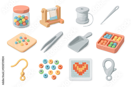 Colorful bead crafting tools and supplies with heart design