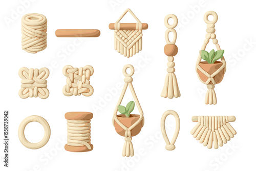 Macramé plant hangers and knots on vintage background