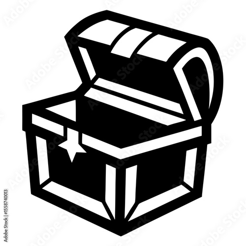 Open treasure chest in black and white, an adventure and mystery vector icon on white background.