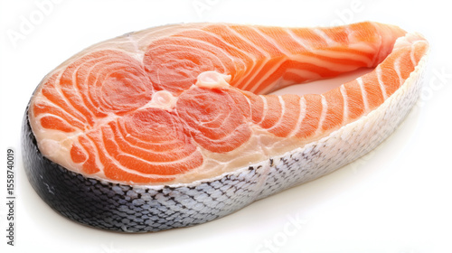 Raw salmon steaks. Salmon, trout, steak, piece of fresh raw fish on a white background. Fish fillet. Seafood. Delicacy.