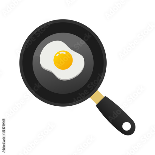 Stylized fried egg cooking in a black frying pan isolated on transparent background