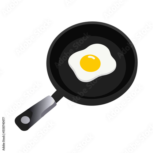 Flat design fried egg cooking in a black frying pan isolated on transparent background