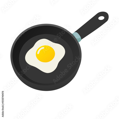 Flat design fried egg cooking in a black frying pan isolated on transparent background